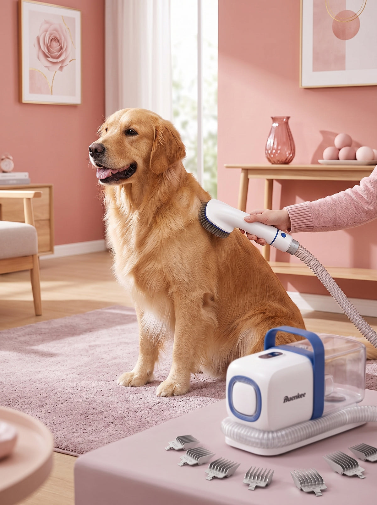 A person grooming a golden retriever with a vacuum-integrated brush in a modern, blush-toned living room.