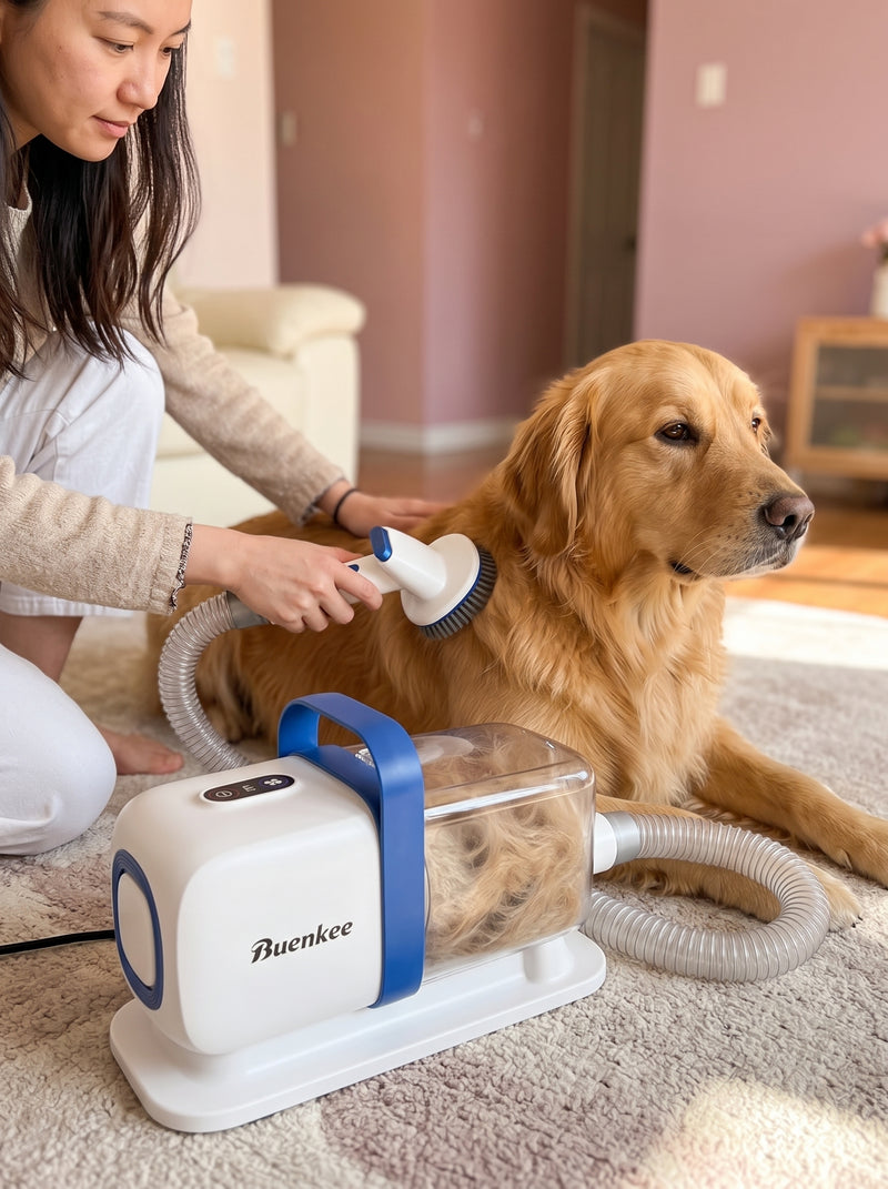 A person uses a pet grooming vacuum to brush a Golden Retriever on a living room rug, capturing all shedding fur instantly.