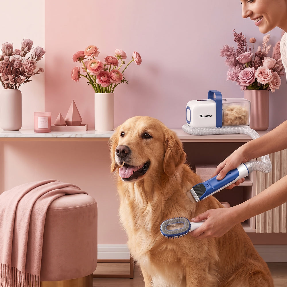 A person using a Furtista grooming vacuum to brush a happy dog in a modern, elegant home living space.