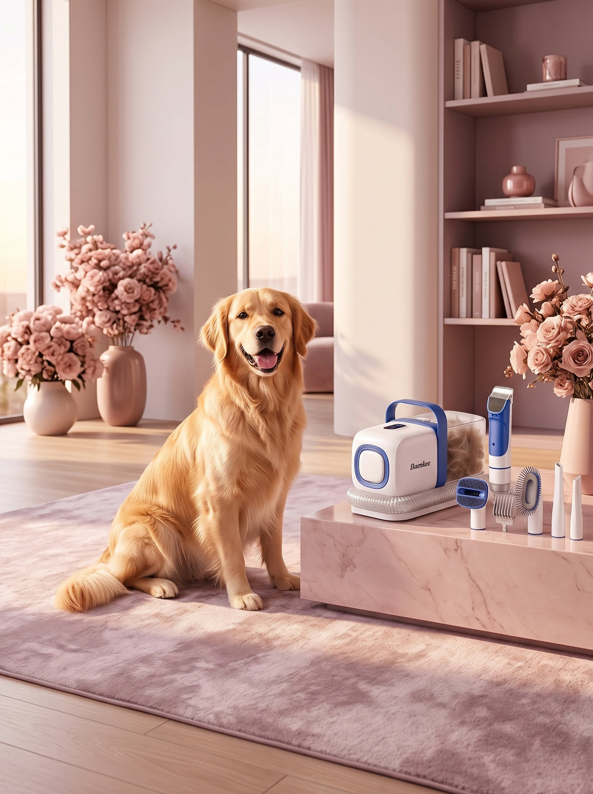 A happy golden retriever sits on a soft mauve rug beside a sleek grooming vacuum kit in a luxurious, rose-toned living room.